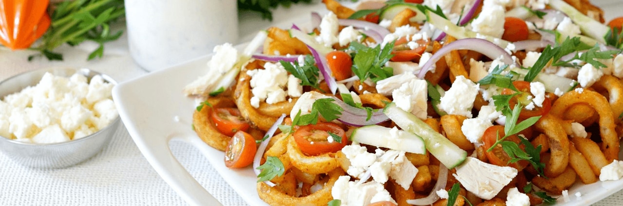 Chicken and Feta Loaded Curly Fries