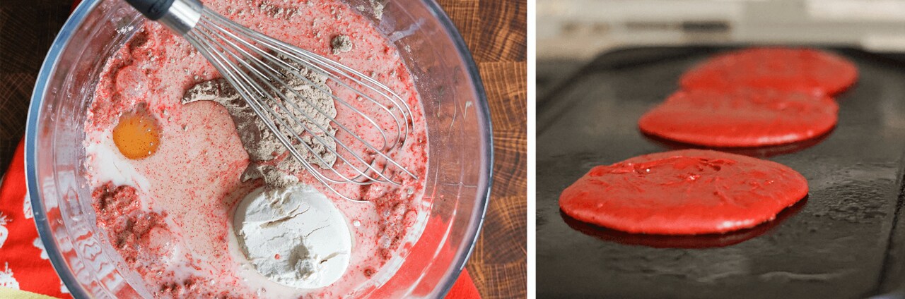 Red Velvet Pancakes with Cream Cheese Syrup