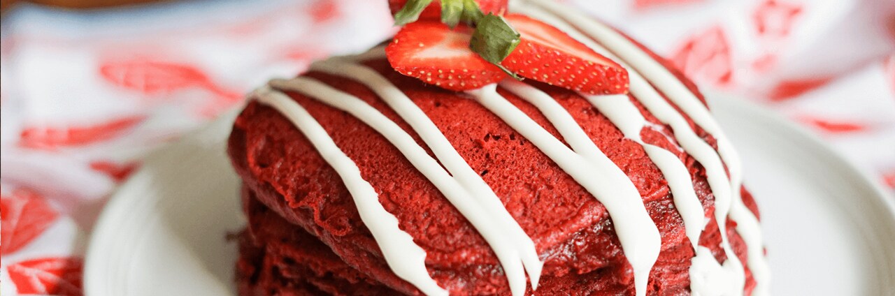 Red Velvet Pancakes with Cream Cheese Syrup
