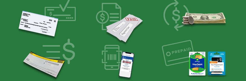 Consolidated representation of all the money services available at Harris Teeter including check cashing, bill pay, money transfers, money orders, account funding, and prepaid cards.